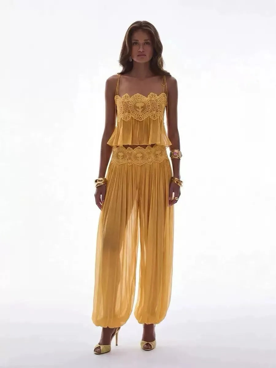 Women's Floral Lace-Look Crop Top and Lantern Pants Set