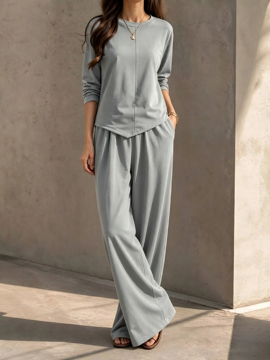 Women's Asymmetric-Hem Top and Wide-Leg Pants Set