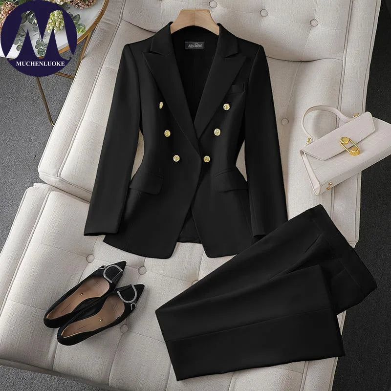 Women's Double-Breasted Blazer and Wide-Leg Pants Set