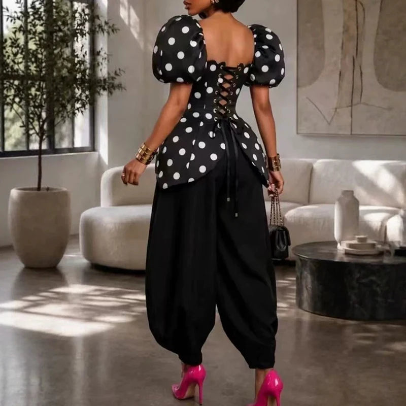 Polka-Dot Puff-Sleeve Top & Pants Set
