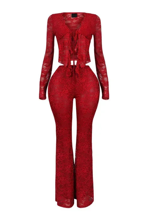 Sheer Lace Long-Sleeve Top & Flared Pants Set