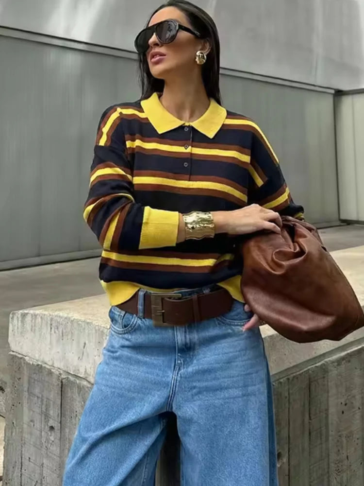 Striped Polo-Collar Long-Sleeve Sweater