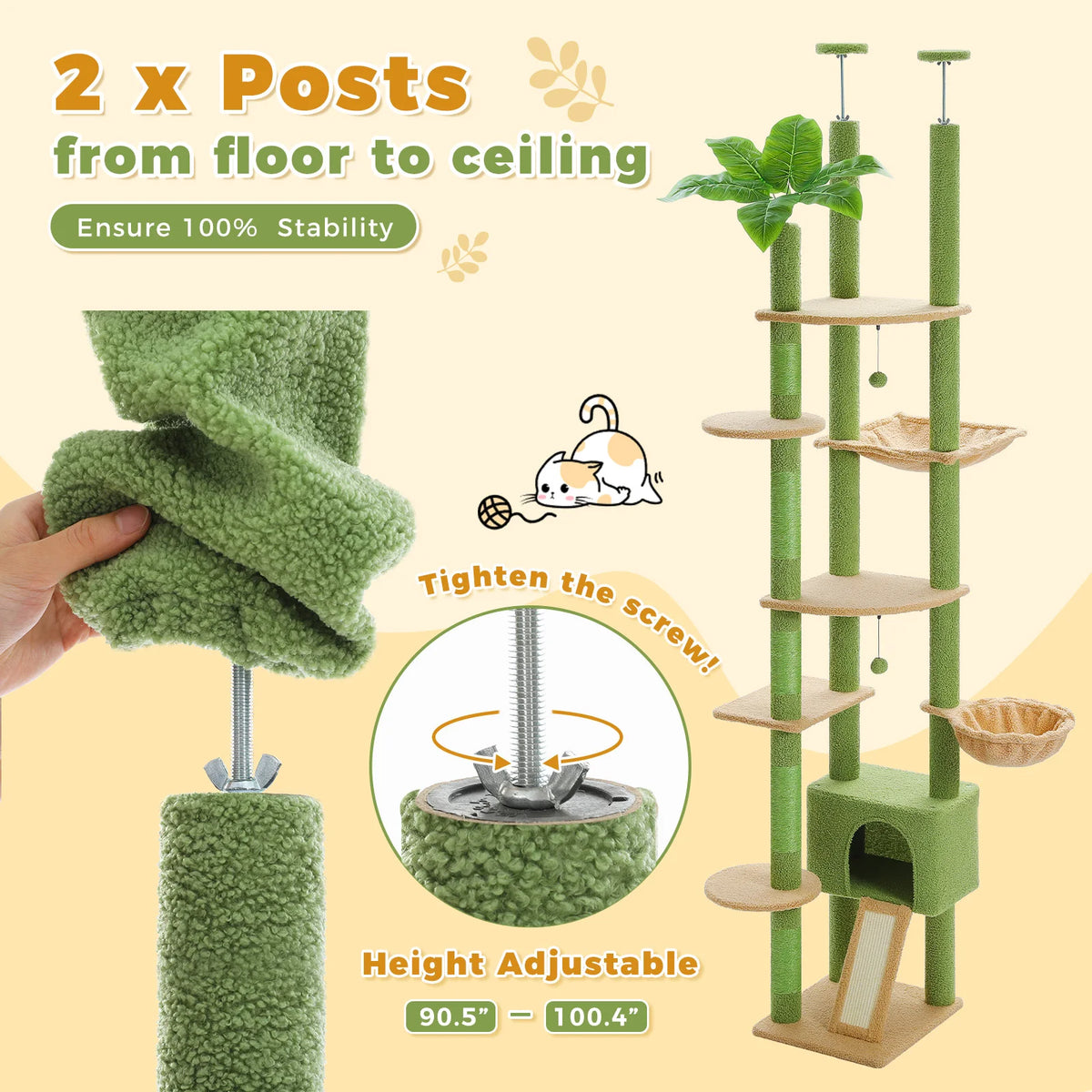 Cactus Cat Tree Floor to Ceiling Cat Tower with Sisal Scratching Post,Comfortable Hammock for Multi-Cat Homes,Cat Accessories Whispering Desires Shoppe