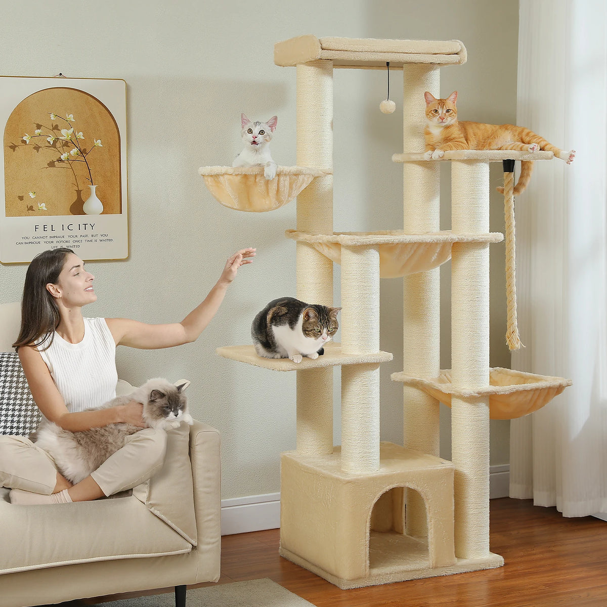 Large Cat Tree for Big Cats Robust Cat Tower with Several Levels Cat House Climbing Tree with Hammock 11 Sisal Posts Large Perch Whispering Desires Shoppe