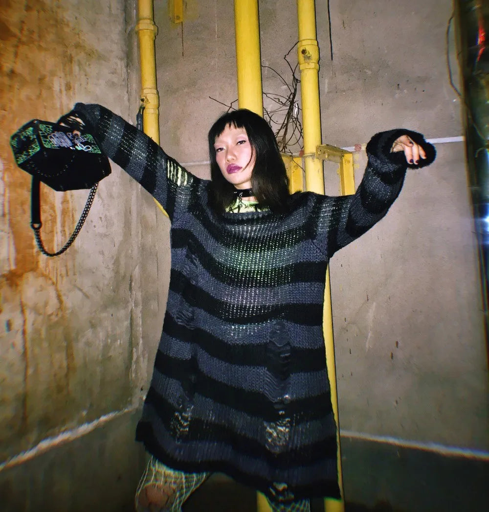 Karrram Punk Gothic Sweater Emo Tops E-girls Mall Goth Pullovers Y2k Harajuku Grunge Clothes Alt Dark Aesthetic Striped Jumpers Dsers