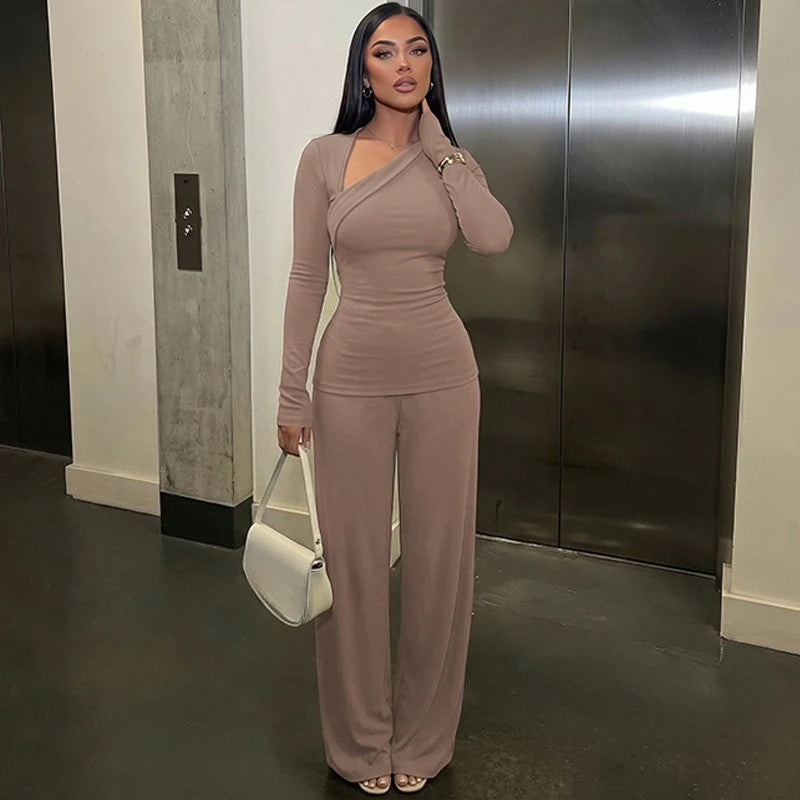 Women's Asymmetric Long-Sleeve Top and Flared Pants Set