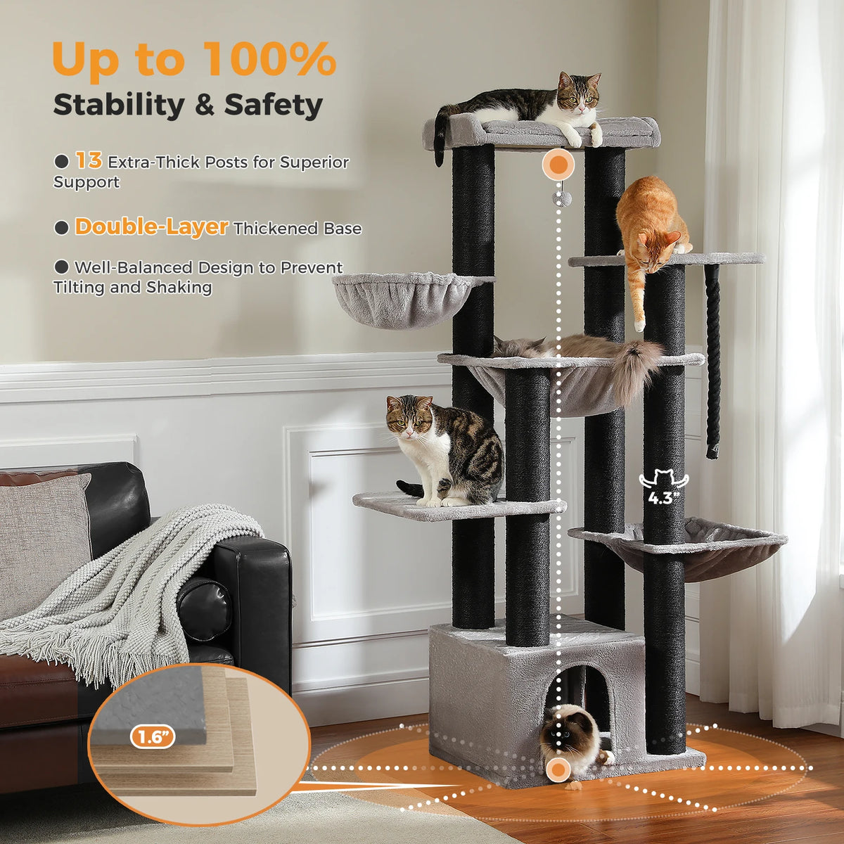Large Cat Tree for Big Cats Robust Cat Tower with Several Levels Cat House Climbing Tree with Hammock 11 Sisal Posts Large Perch Whispering Desires Shoppe