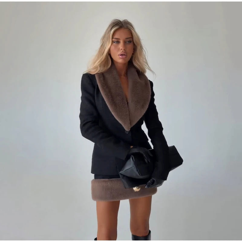 Women's Faux-Fur-Trim Blazer and Mini Skirt Set