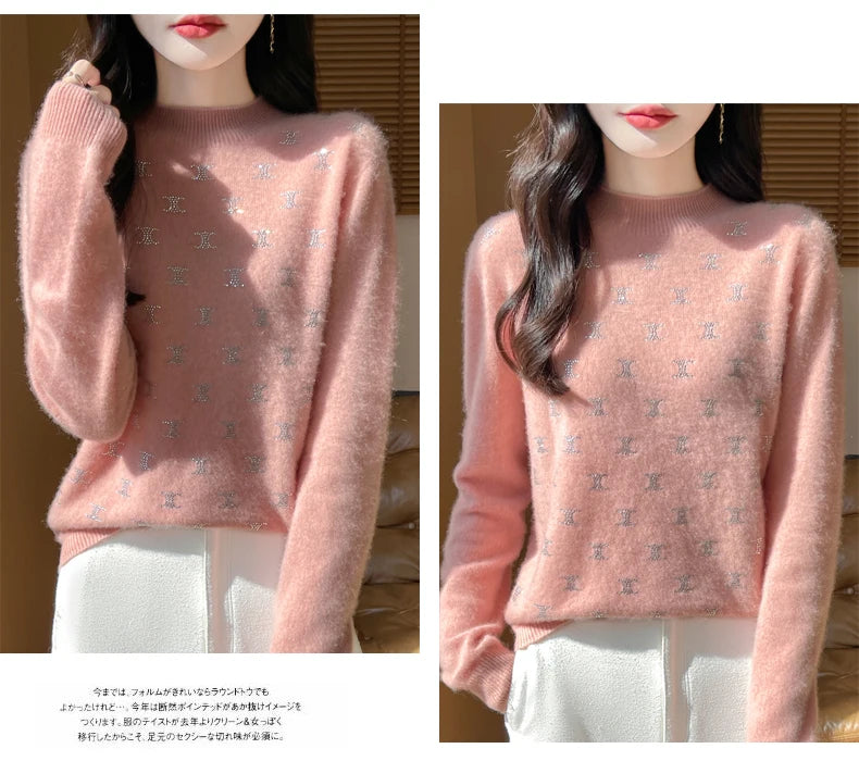 Women Fine Wool Thickening Sweater Half-high Collar Leaf studded With Diamonds Pullover Female Knitted Basis Tops Autumn Winter Dsers