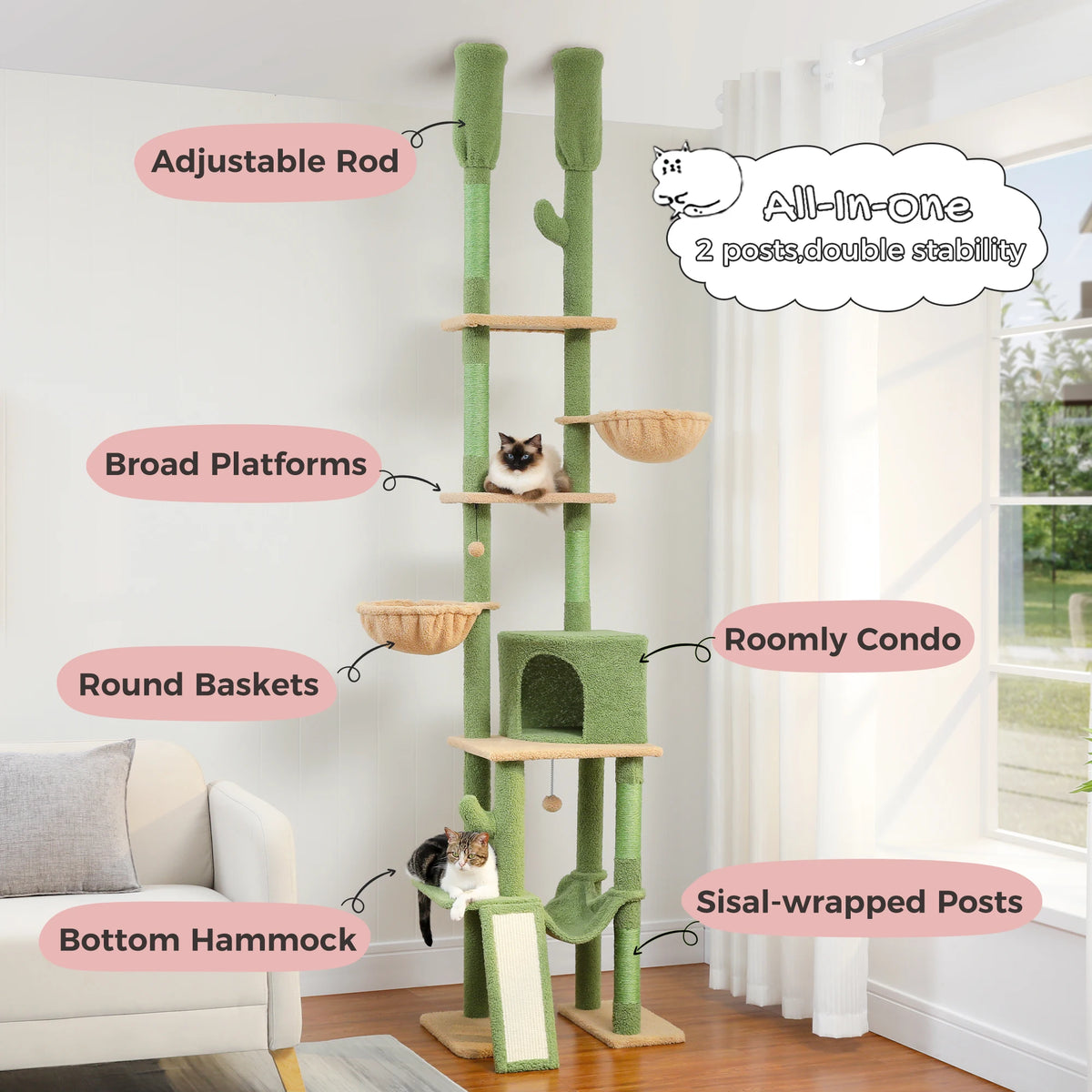 Cactus Cat Tree Floor to Ceiling Cat Tower with Sisal Scratching Post,Comfortable Hammock for Multi-Cat Homes,Cat Accessories Whispering Desires Shoppe