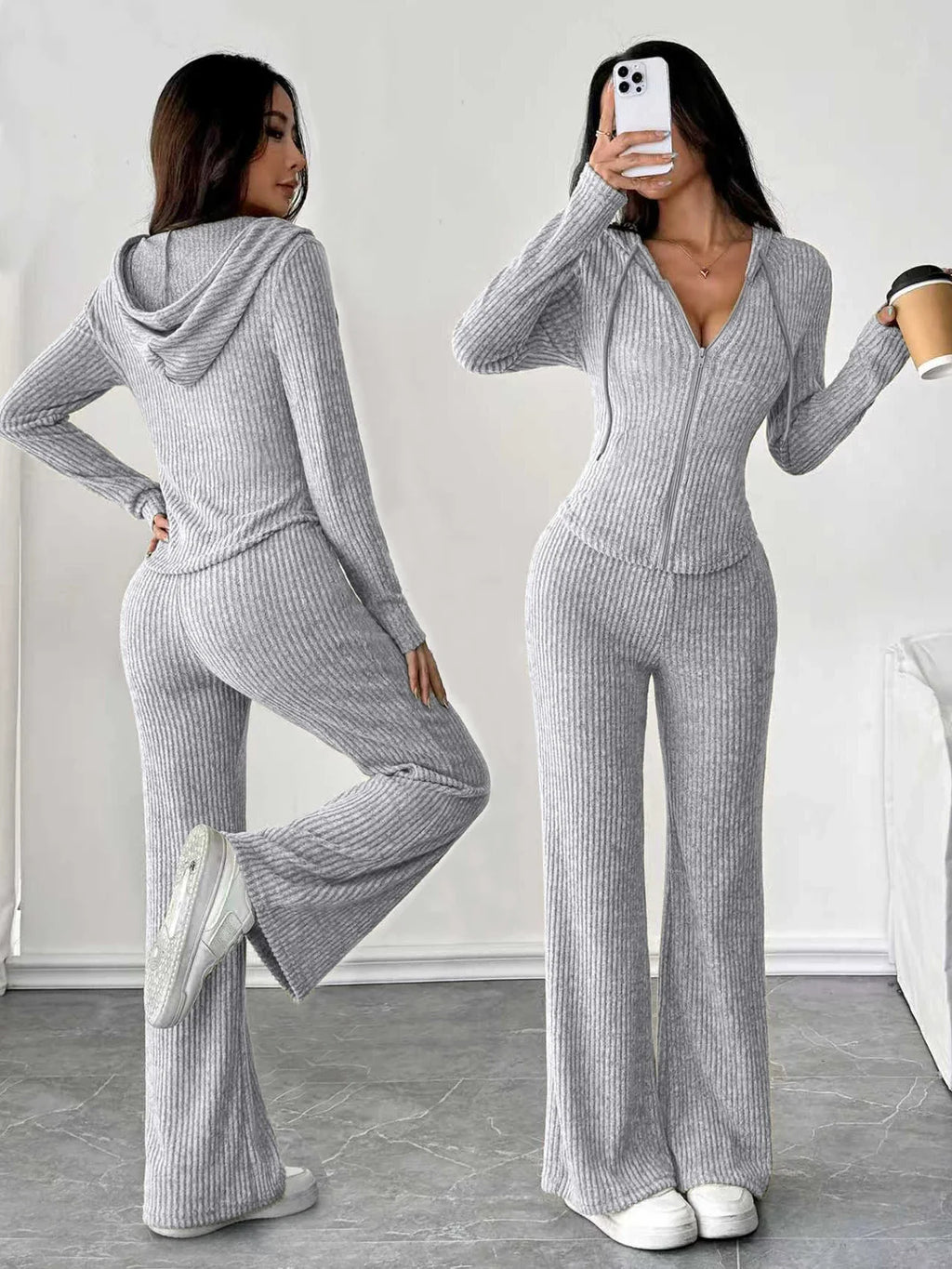 Zip-Up Hooded Top & Flared Pants Set