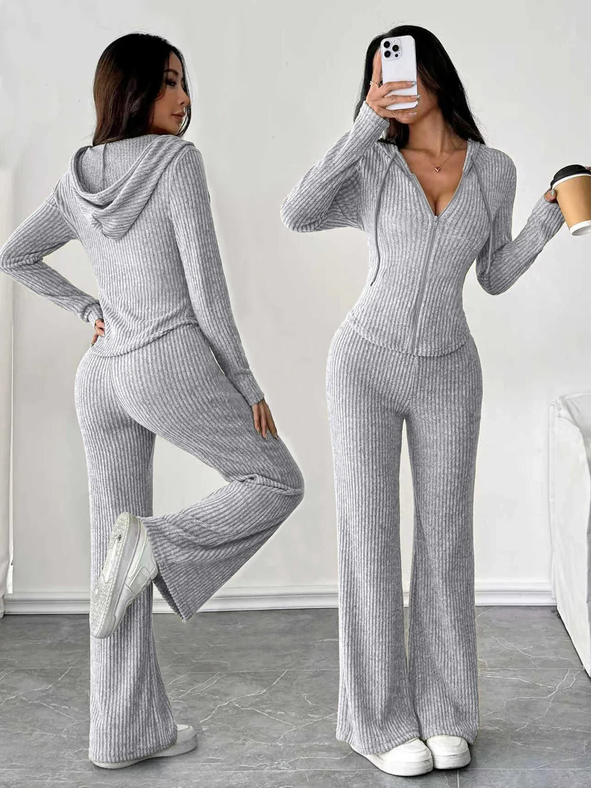 Zip-Up Hooded Top & Flared Pants Set