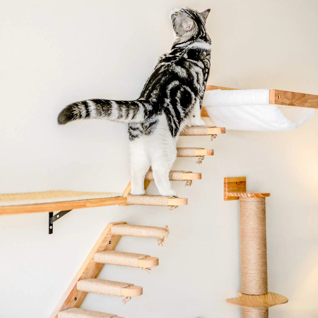 Wall-Mounted Wooden Cat Climbing Stairs