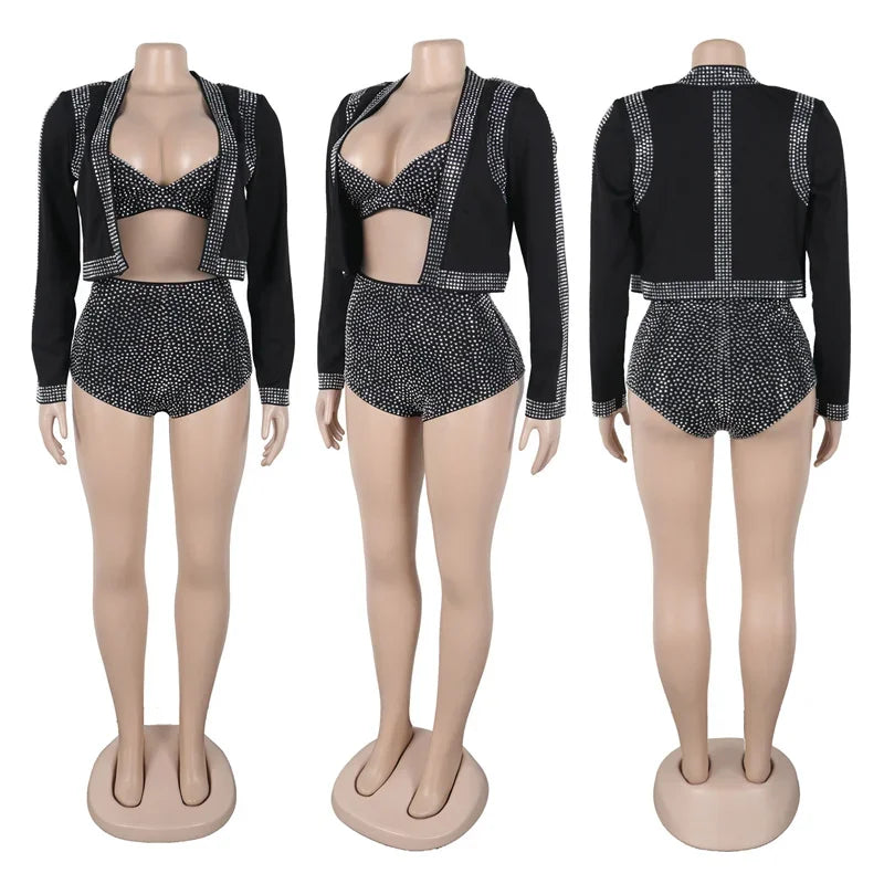 Women's Rhinestone-Embellished Jacket, Bra and Shorts Set