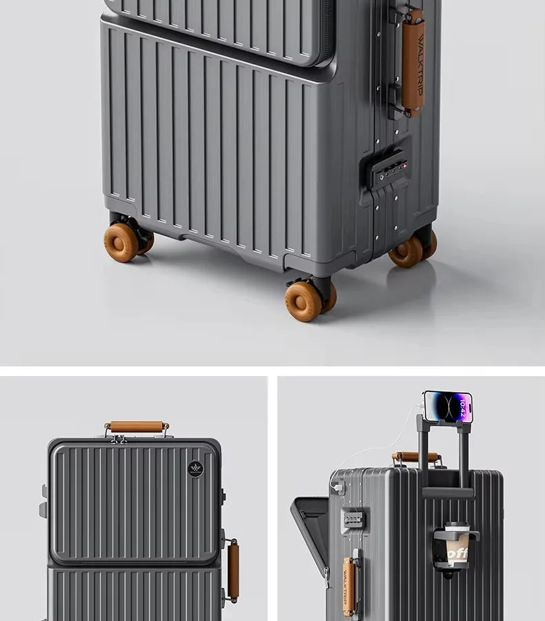 Front Opening Suitcase PC Material with Aluminum Frame TSA Lock Cup Holder Charging Port Colorful Wheels Travel Rolling Luggage Whispering Desires Shoppe