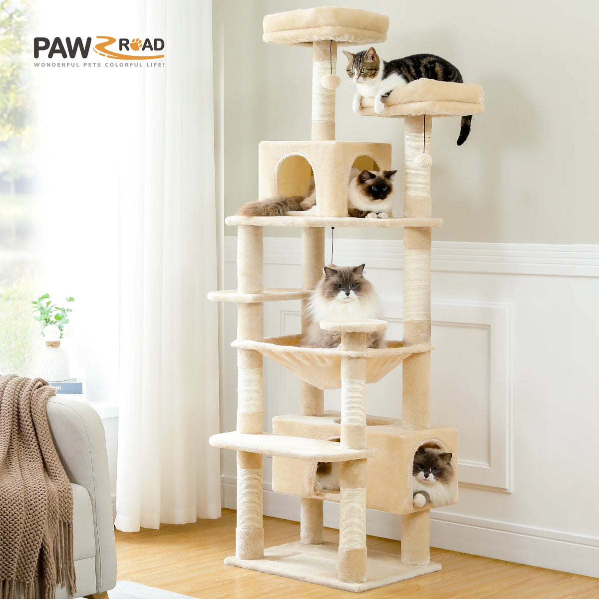 184cm Cat Tree with Hammock, Condo & Scratching Posts