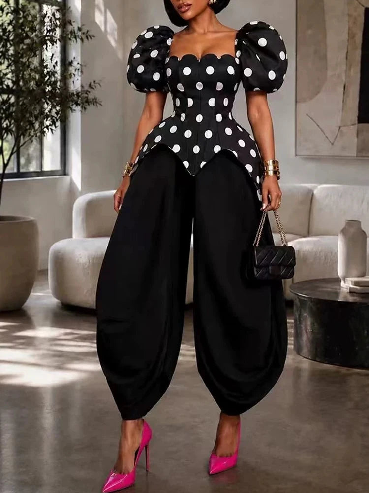 Polka-Dot Puff-Sleeve Top & Pants Set