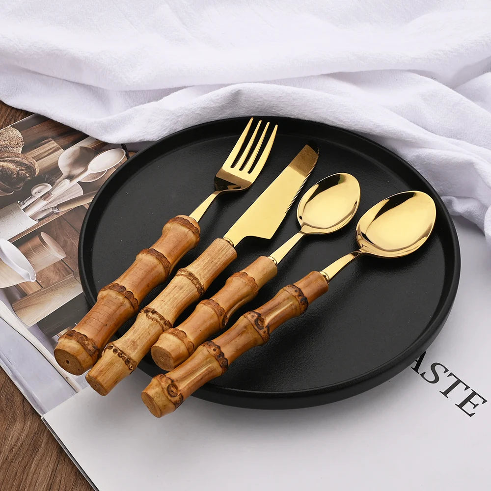 PINKTEN Bamboo-Handle Stainless Steel Flatware