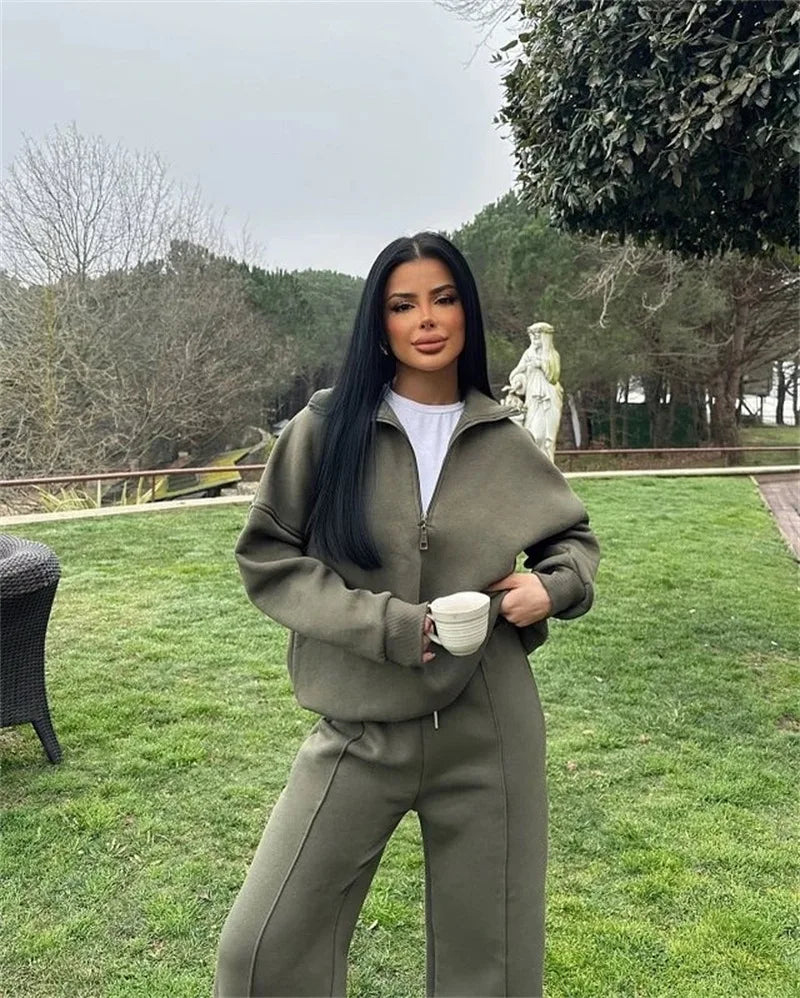 Women's Long-Sleeve Collared Top and Pants Set