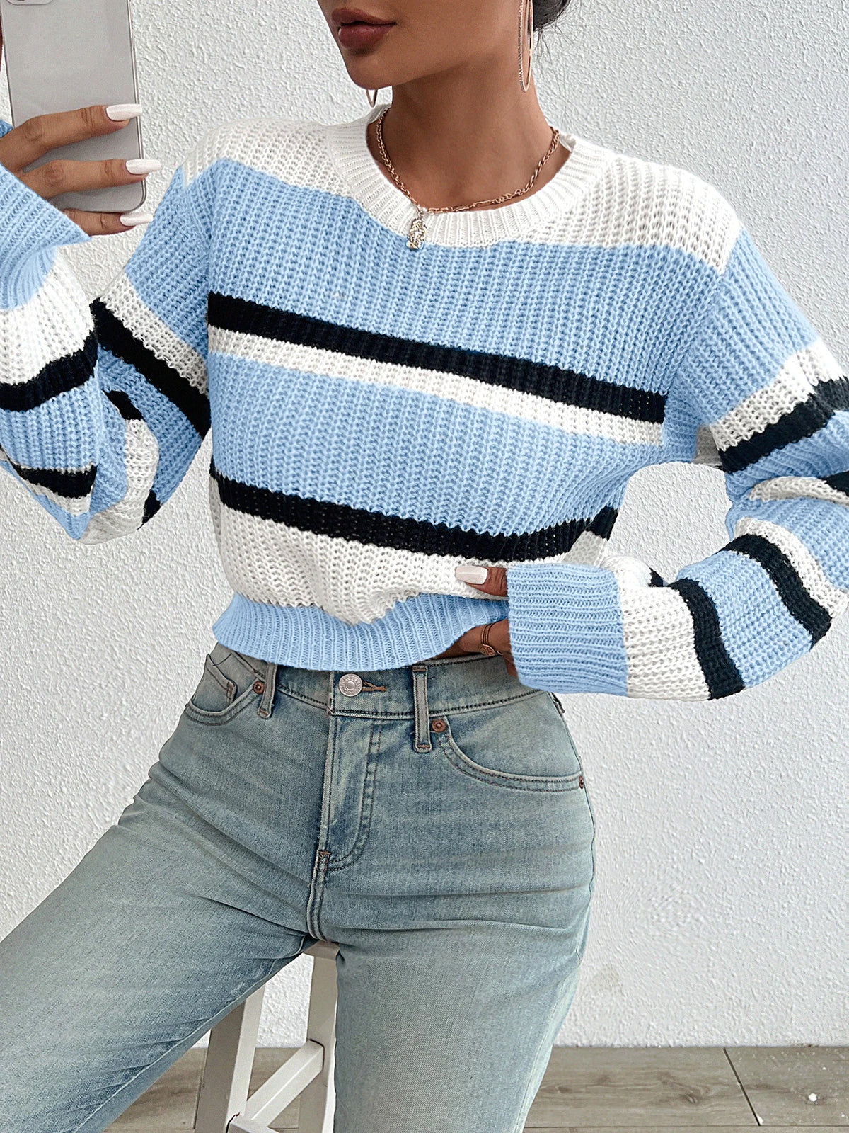 2026 Autumn and Winter Hot Sale New Acrylic Loose Drop Shoulder Round Neck Color Matching Knitted Long Sleeve Ladies Sweater Whispering Desires Shoppe