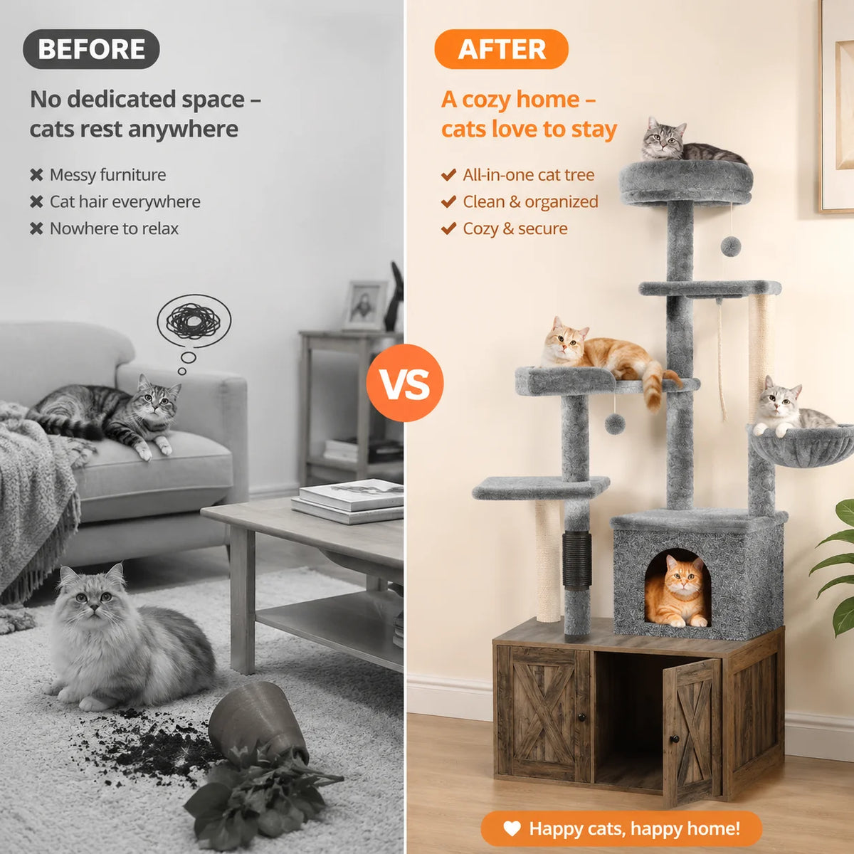 Three-in-One Cat Tree with Litter Box Cabinet