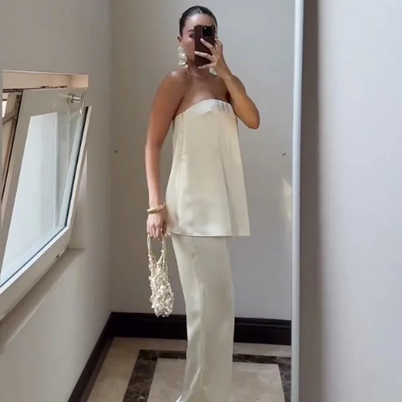 Women's Satin Tube Top and Wide-Leg Pants — Separates