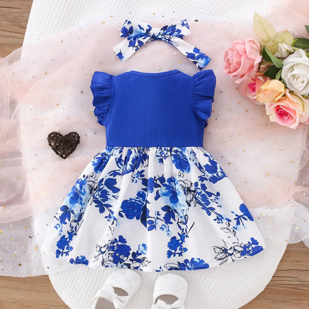 Baby Girl Blue Bow Floral Summer Dress with Hairband