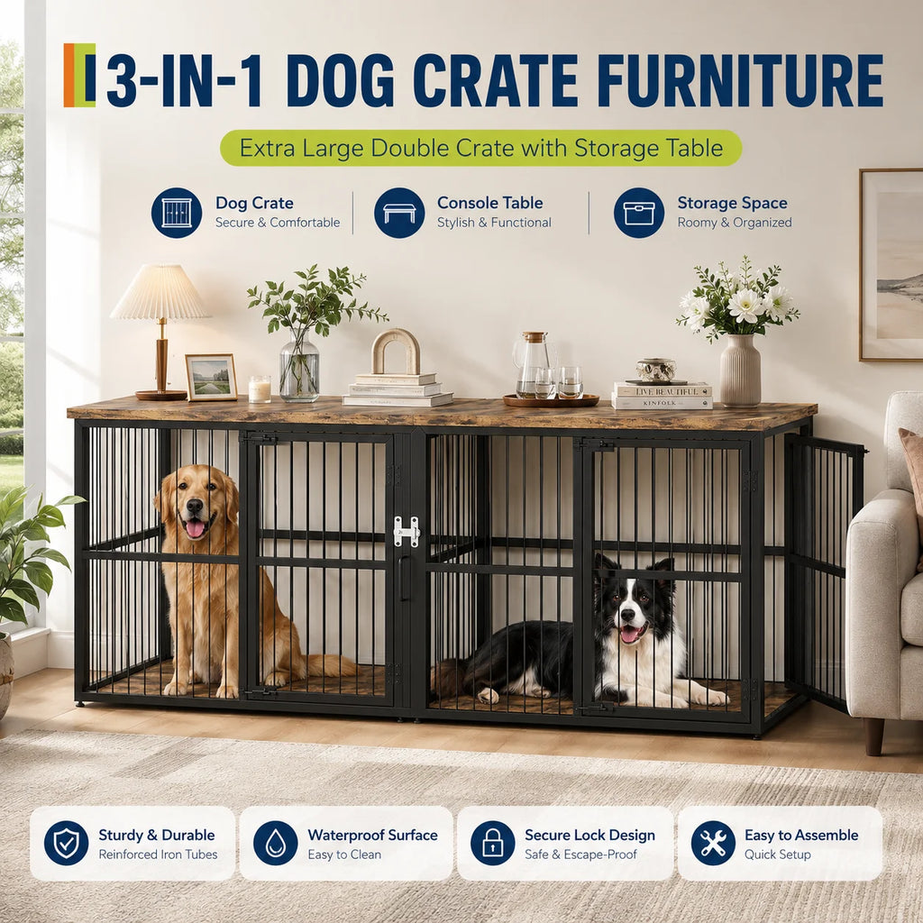 87 Inch Extra Large Double Dog Crate Furniture with Divider 3 Doors Heavy Duty Wooden Indoor Dog Kennel Cabinet TV Stand for 2 Dogs Lockable Pet House with Storage Table Whispering Desires Shoppe