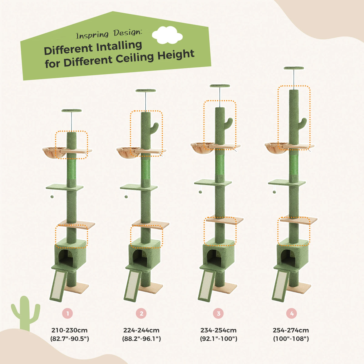Cactus Cat Tree Floor to Ceiling Cat Tower with Sisal Scratching Post,Comfortable Hammock for Multi-Cat Homes,Cat Accessories Whispering Desires Shoppe