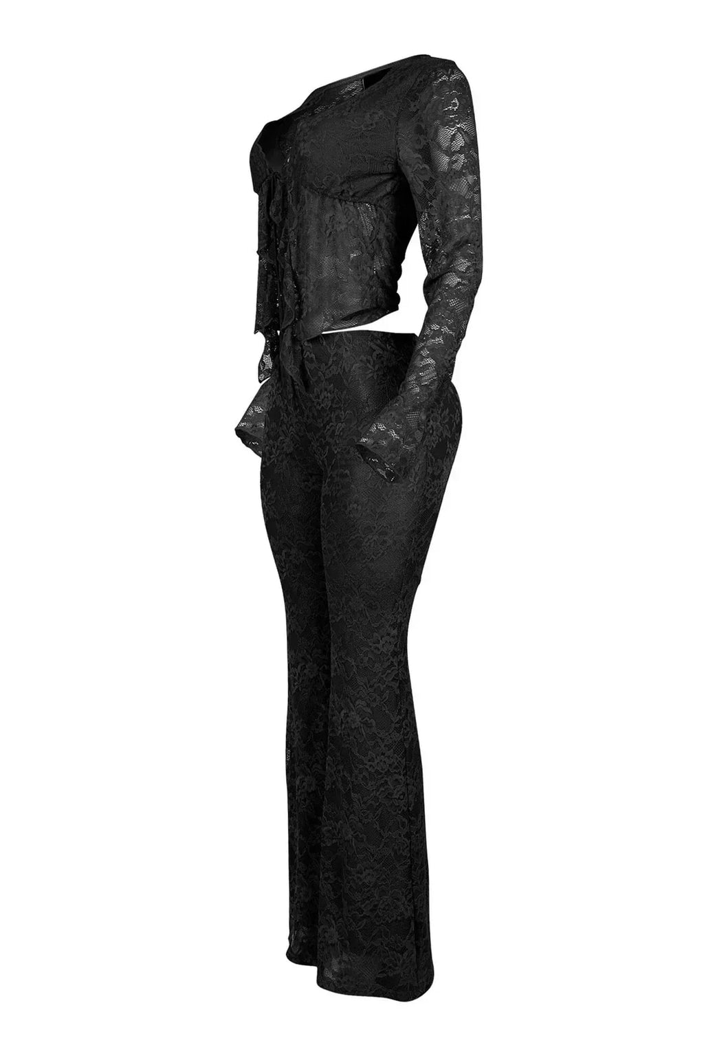 Sheer Lace Long-Sleeve Top & Flared Pants Set