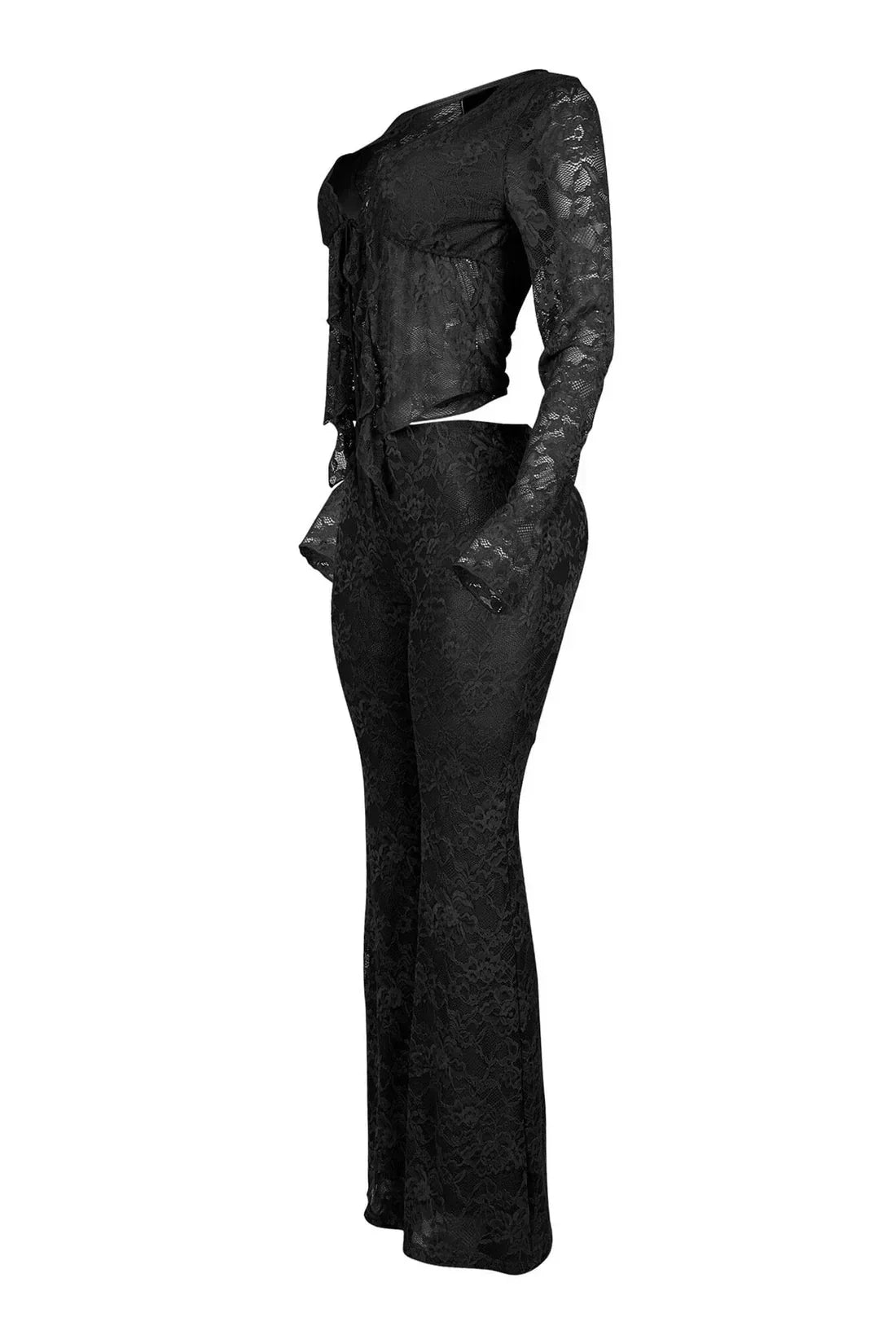 Sheer Lace Long-Sleeve Top & Flared Pants Set