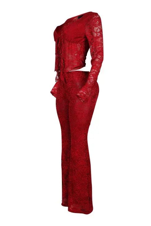 Sheer Lace Long-Sleeve Top & Flared Pants Set