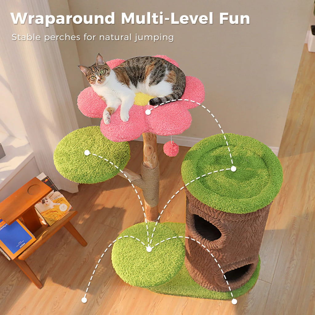 Large Cat Tree with Multiple Condos & Flower Bed