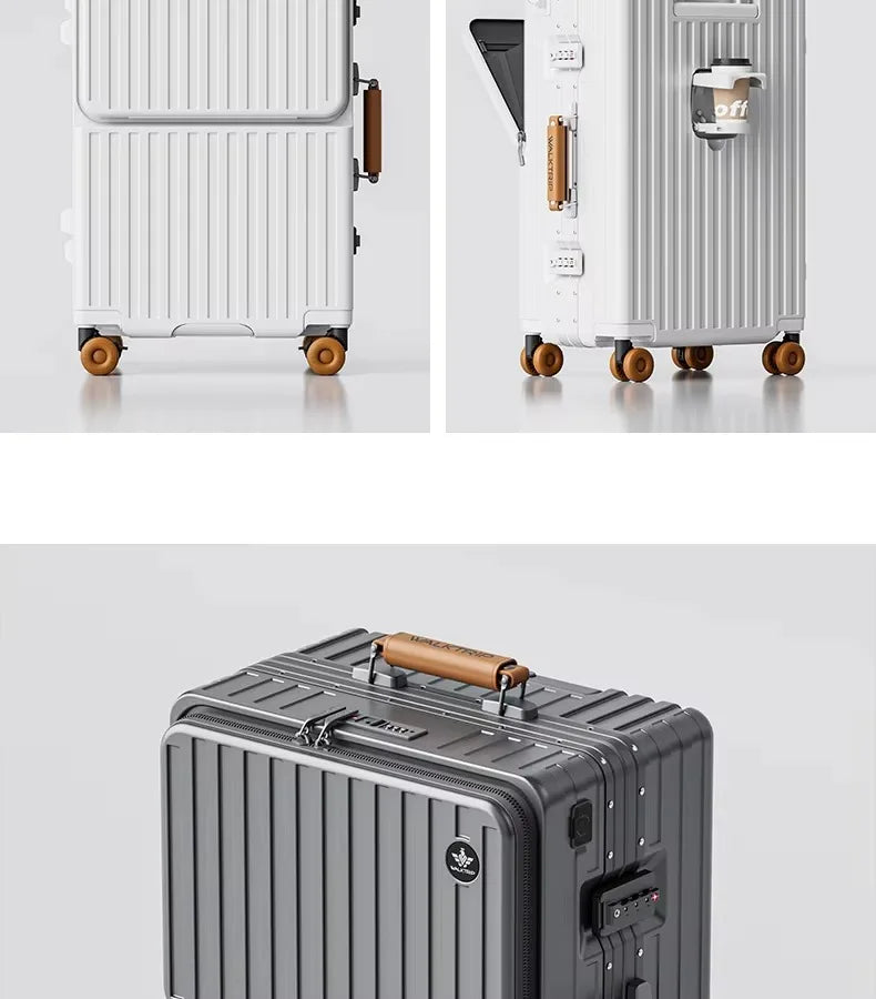 Front Opening Suitcase PC Material with Aluminum Frame TSA Lock Cup Holder Charging Port Colorful Wheels Travel Rolling Luggage Whispering Desires Shoppe