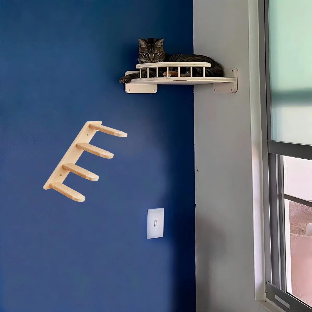 Pine Wood Corner Cat Hammock & Steps Set