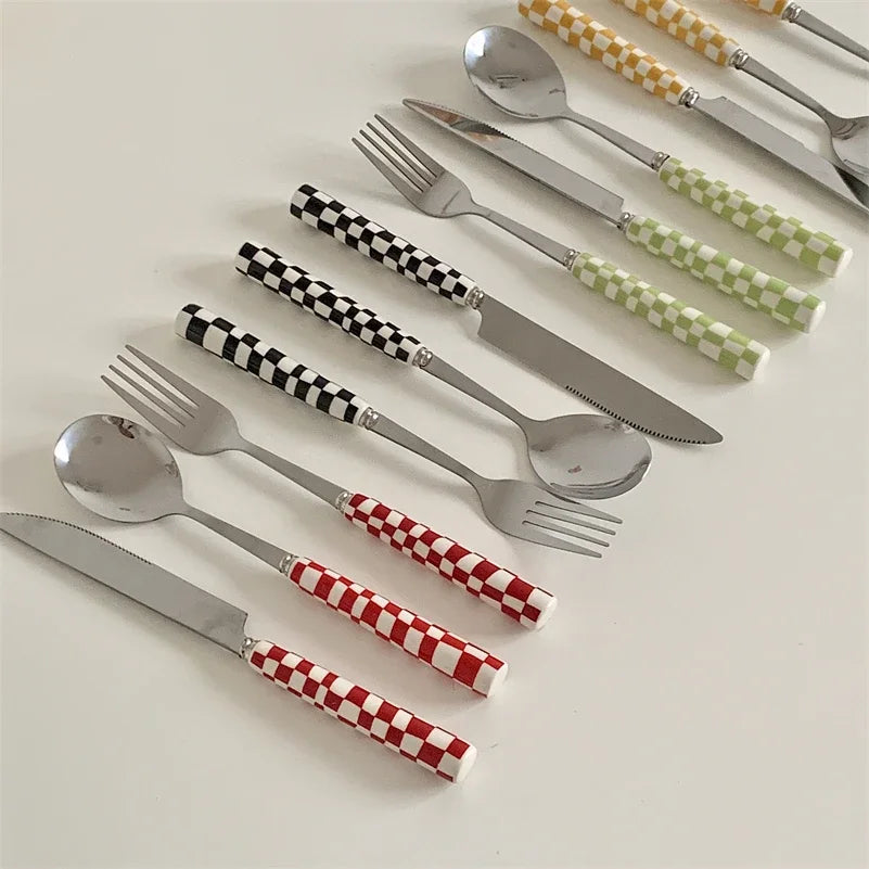 Checkerboard Ceramic-Handle Flatware — 3 Pieces