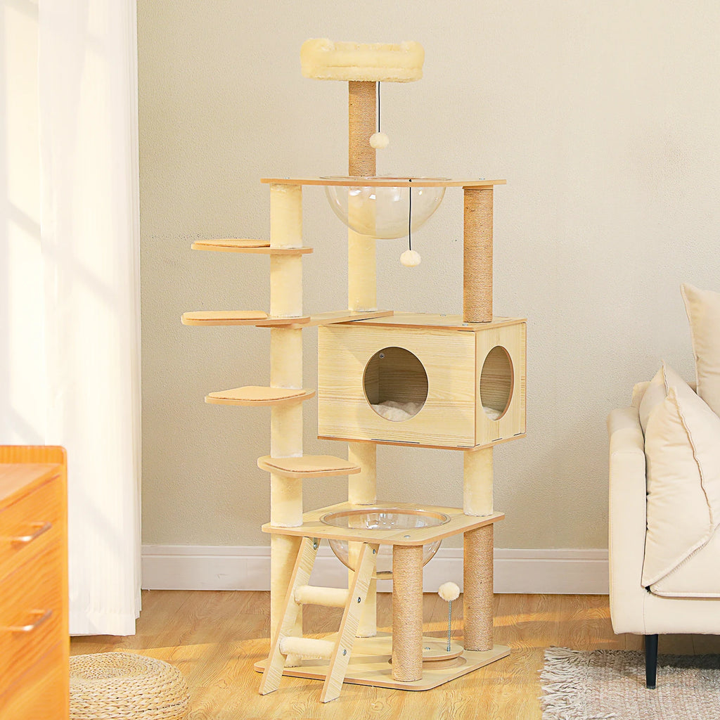Multi-Level Wooden Cat Tree with Condo & Hammock