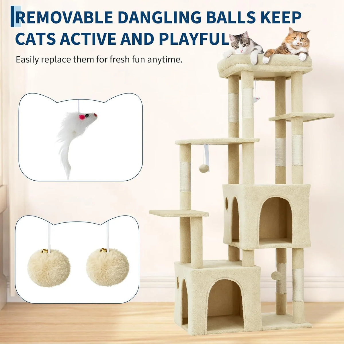 61" Cat Tree with Two Condos & Seven Scratching Posts