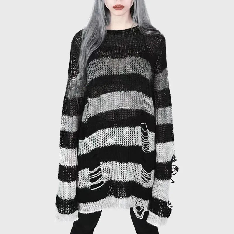 Karrram Punk Gothic Sweater Emo Tops E-girls Mall Goth Pullovers Y2k Harajuku Grunge Clothes Alt Dark Aesthetic Striped Jumpers Dsers