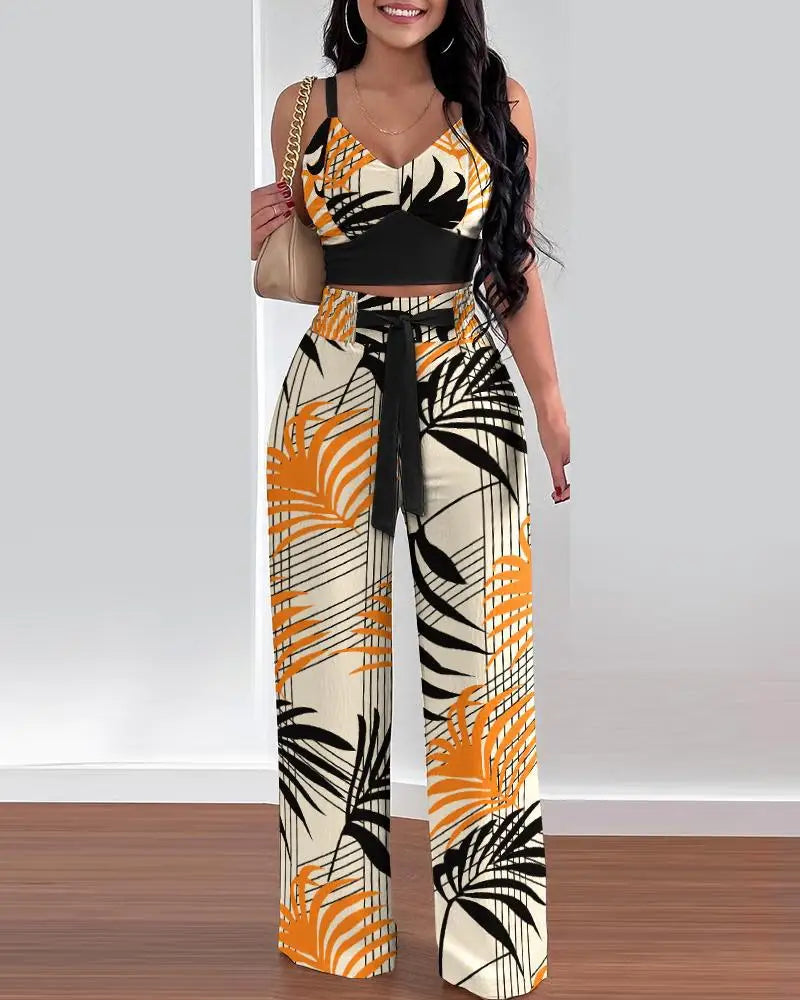 Women's Printed V-Neck Halter Top and Wide-Leg Pants Set