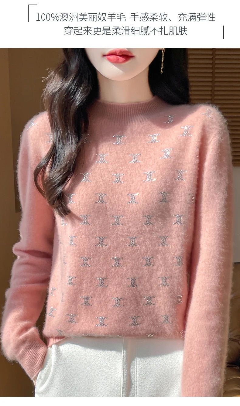 Women Fine Wool Thickening Sweater Half-high Collar Leaf studded With Diamonds Pullover Female Knitted Basis Tops Autumn Winter Dsers