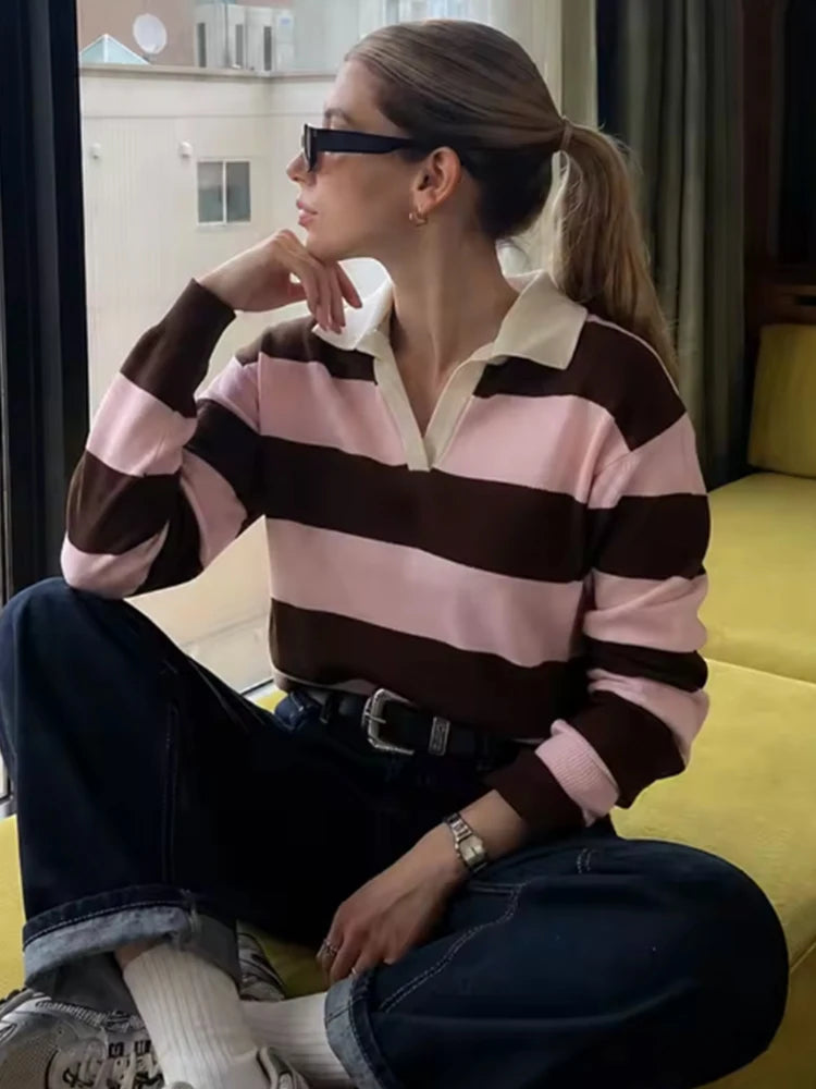 Striped Polo-Collar Long-Sleeve Sweater