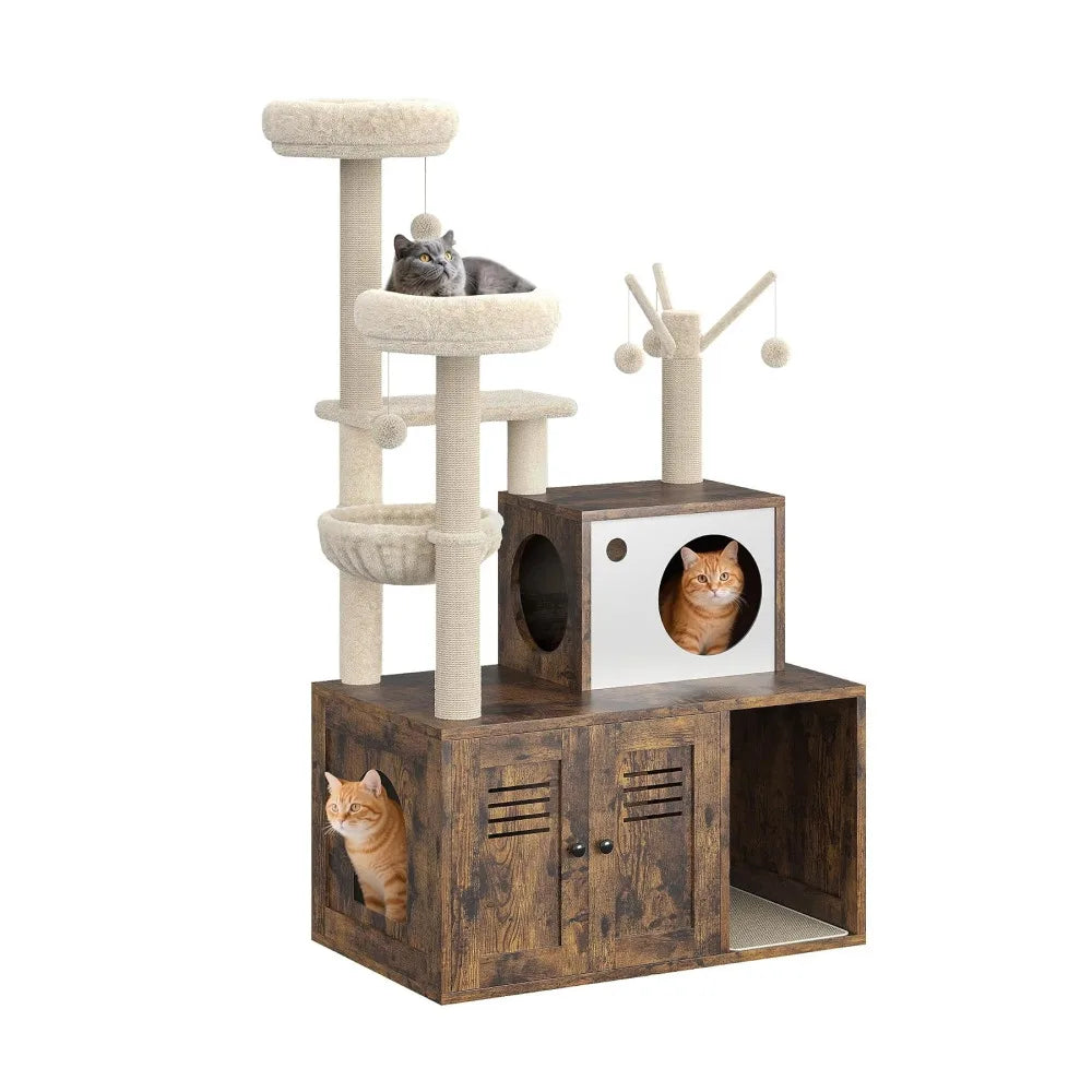 Cat Tower with Litter Box Enclosure, 2-in-1 Modern Cat Tree, 55.1-Inch Cat Condo with Scratching Posts, Hidden Litter Cabinet, Hammock & Perches, Engineered Wood, Indoor Use Whispering Desires Shoppe