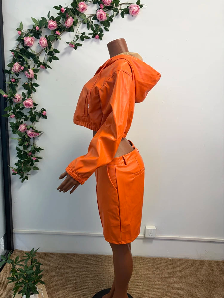 Women's Faux-Leather-Look Hooded Jacket and Bermuda Shorts Set