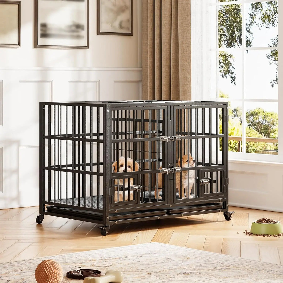 42" Metal Dog Crate with Wheels & Removable Tray