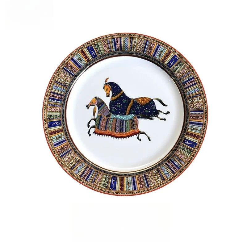 Round Ceramic Dinner Plate with Striped Detail