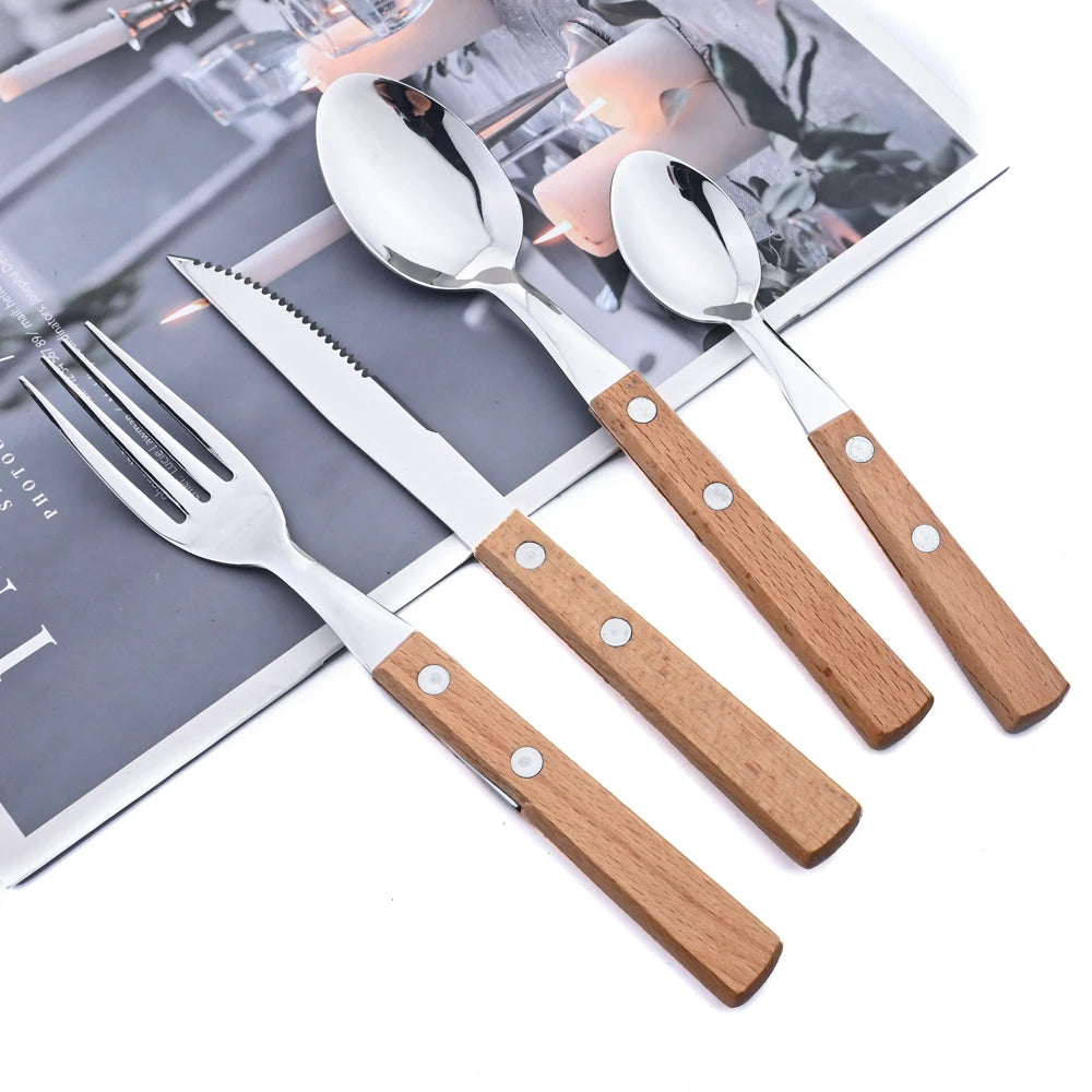 AJOYOUS Wood-Handle Flatware — 24 Pieces