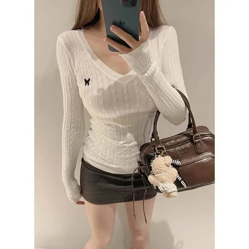 Casual V Neck White Pullovers Women Sweaters Autumn Winter Basic Long Sleeve Y2k Clothes Korean Pink Grey Ladies Tops Jumpers Whispering Desires Shoppe