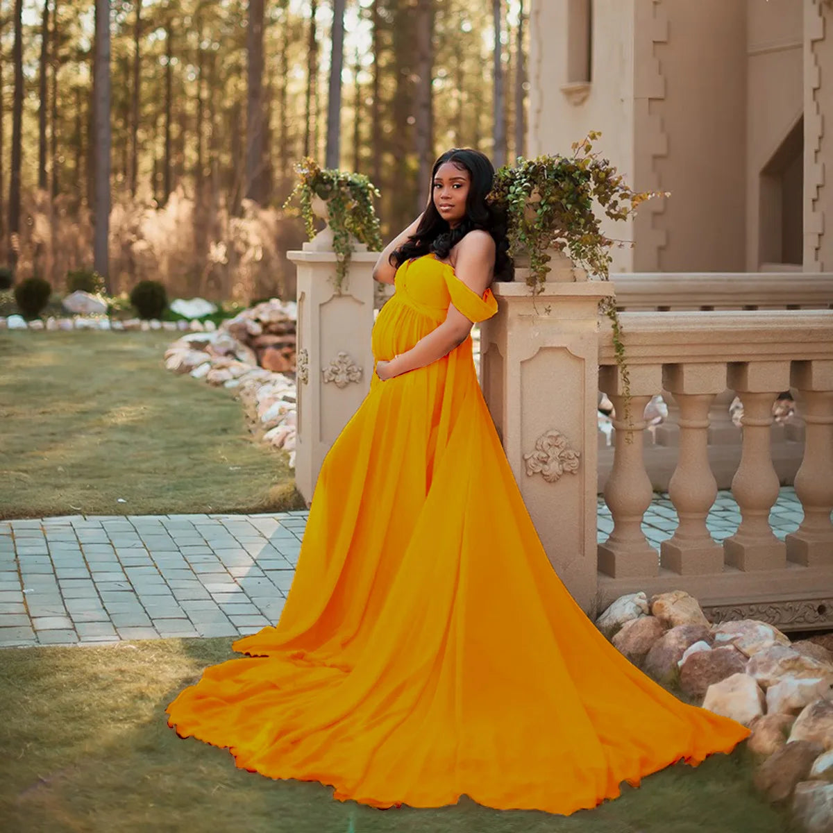 Floor-Length Lace Maternity Photography Gown