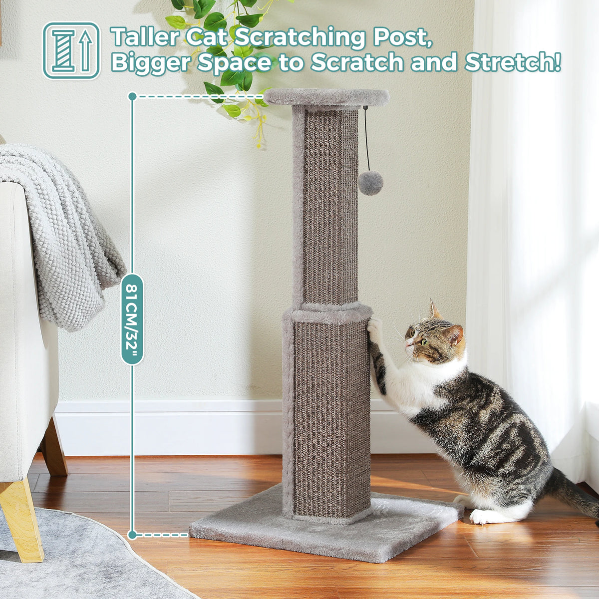 Tall Sisal Cat Scratching Post with Dangling Ball